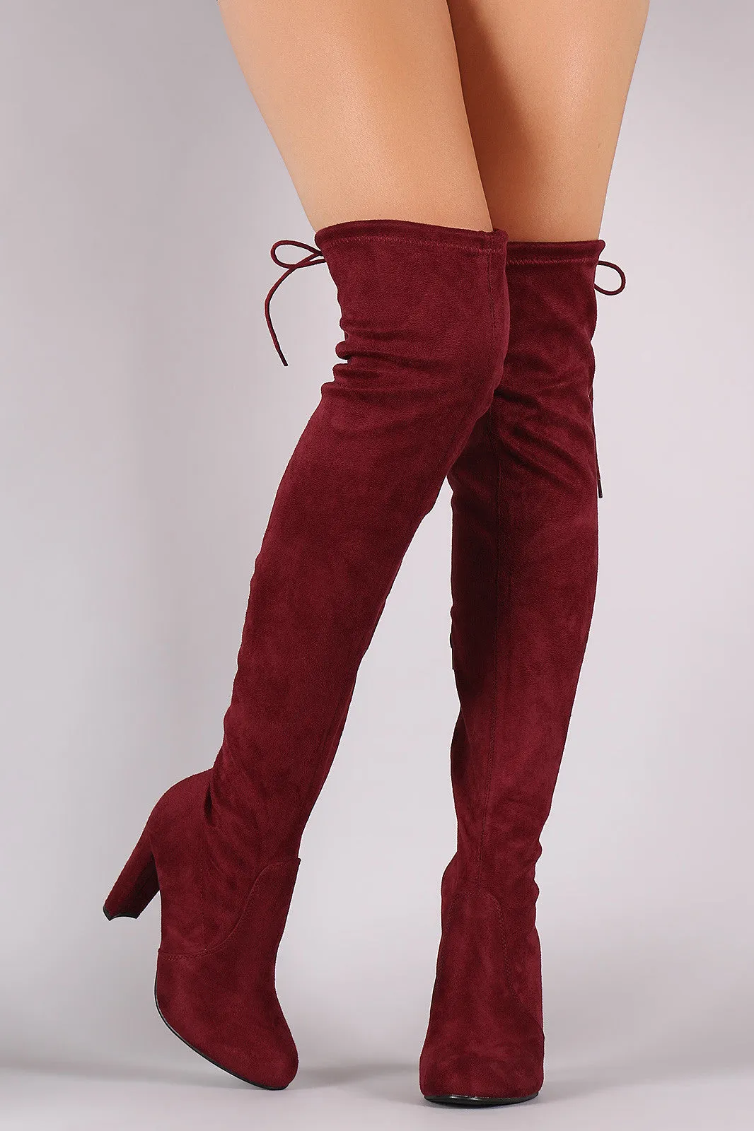 Suede Drawstring Tie Thick Heeled Over-The-Knee Boots