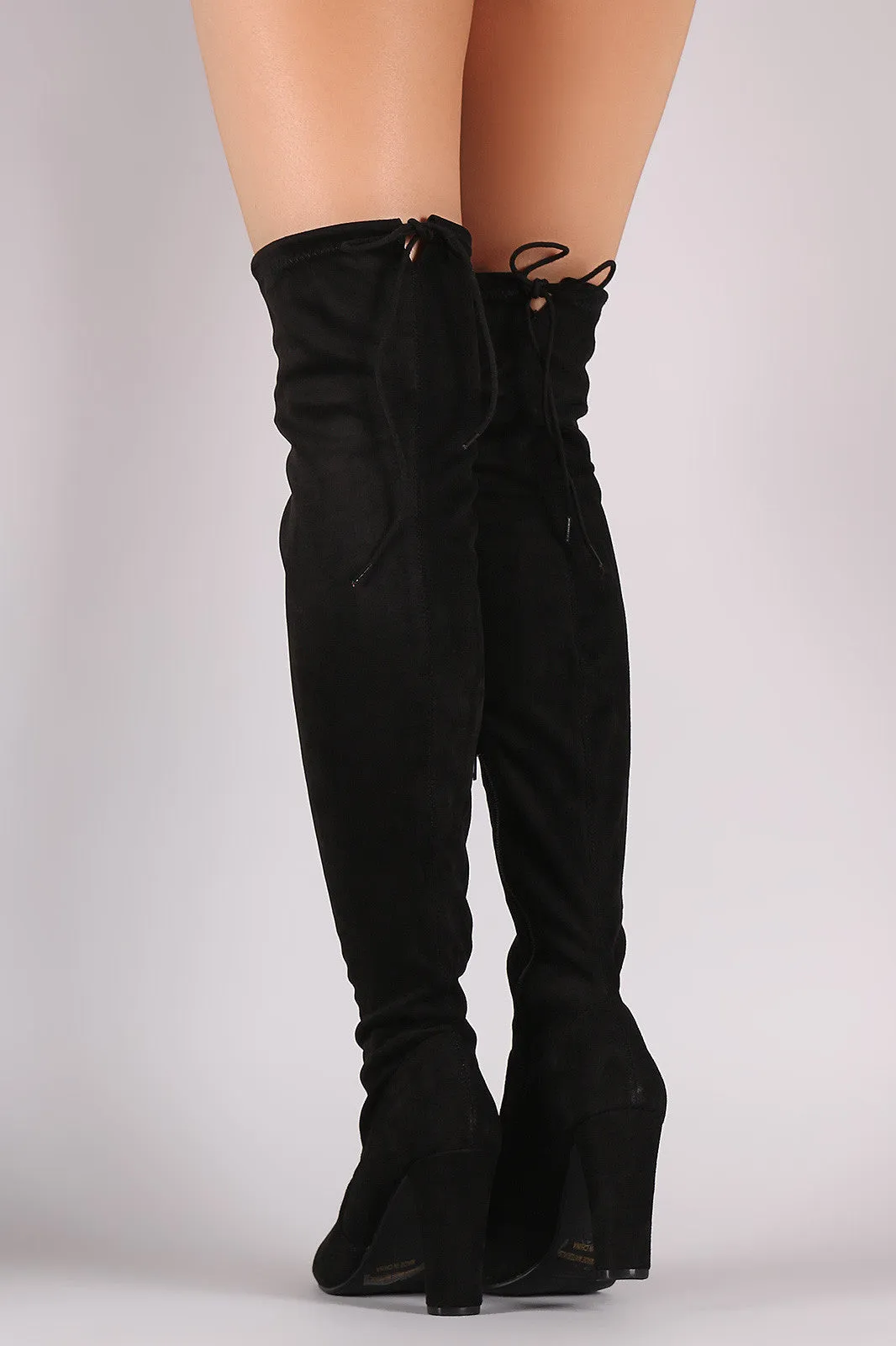 Suede Drawstring Tie Thick Heeled Over-The-Knee Boots