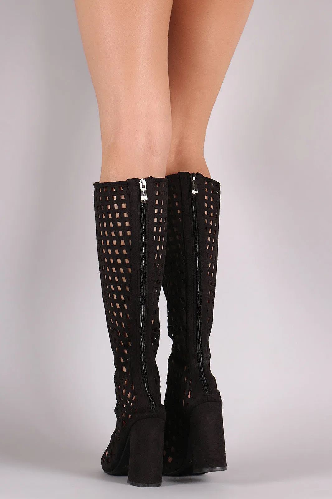 Suede Perforated Peep Toe Chunky Heeled Boots