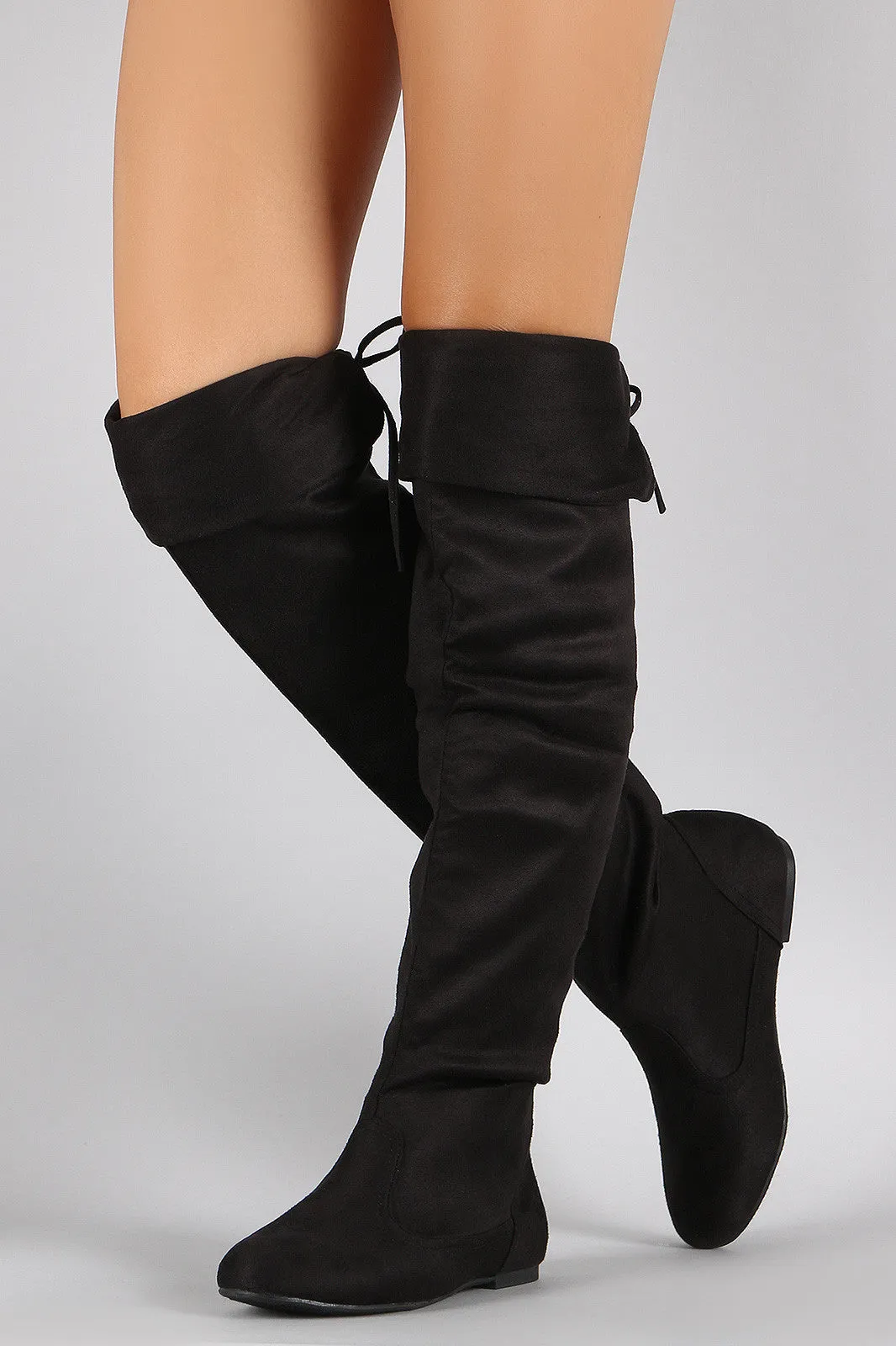 Suede Round Toe Cuff Bow Tie Over-The-Knee Flat Boots