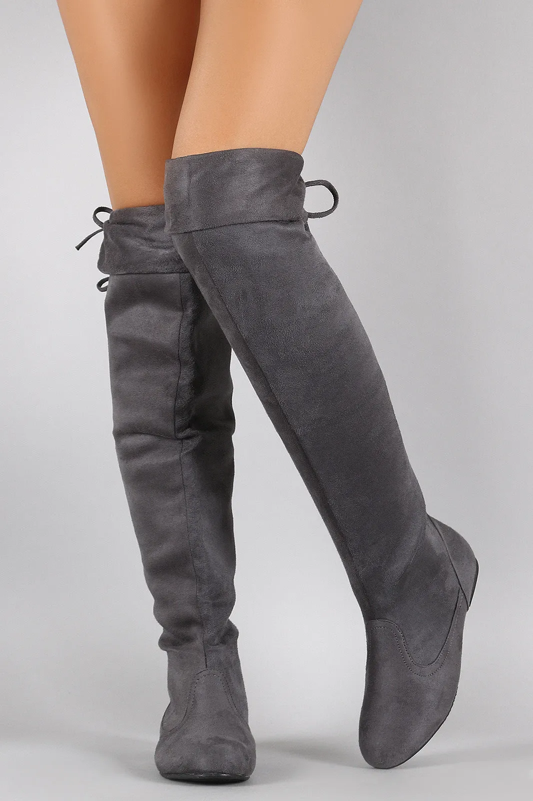 Suede Round Toe Cuff Bow Tie Over-The-Knee Flat Boots