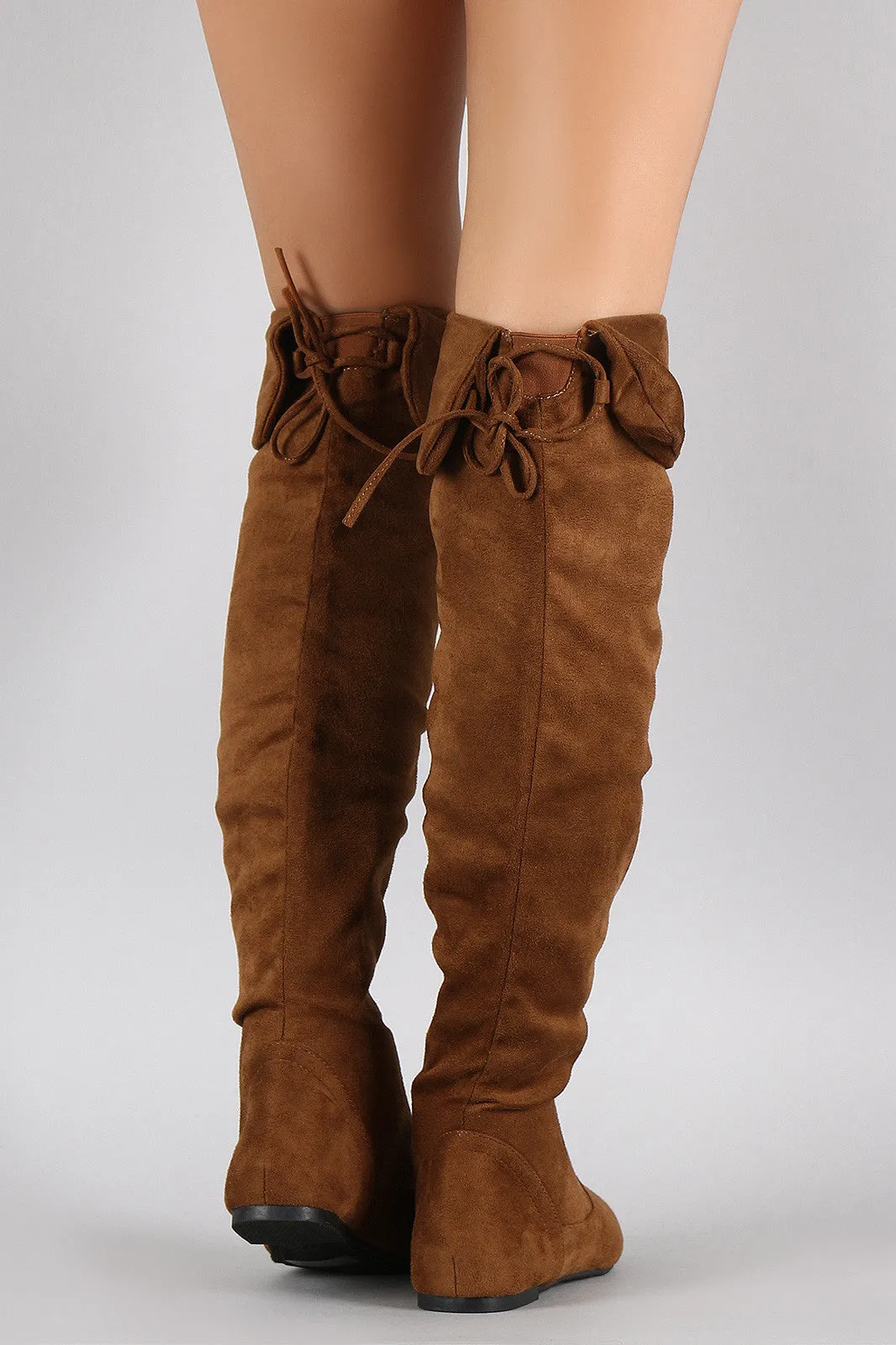 Suede Round Toe Cuff Bow Tie Over-The-Knee Flat Boots