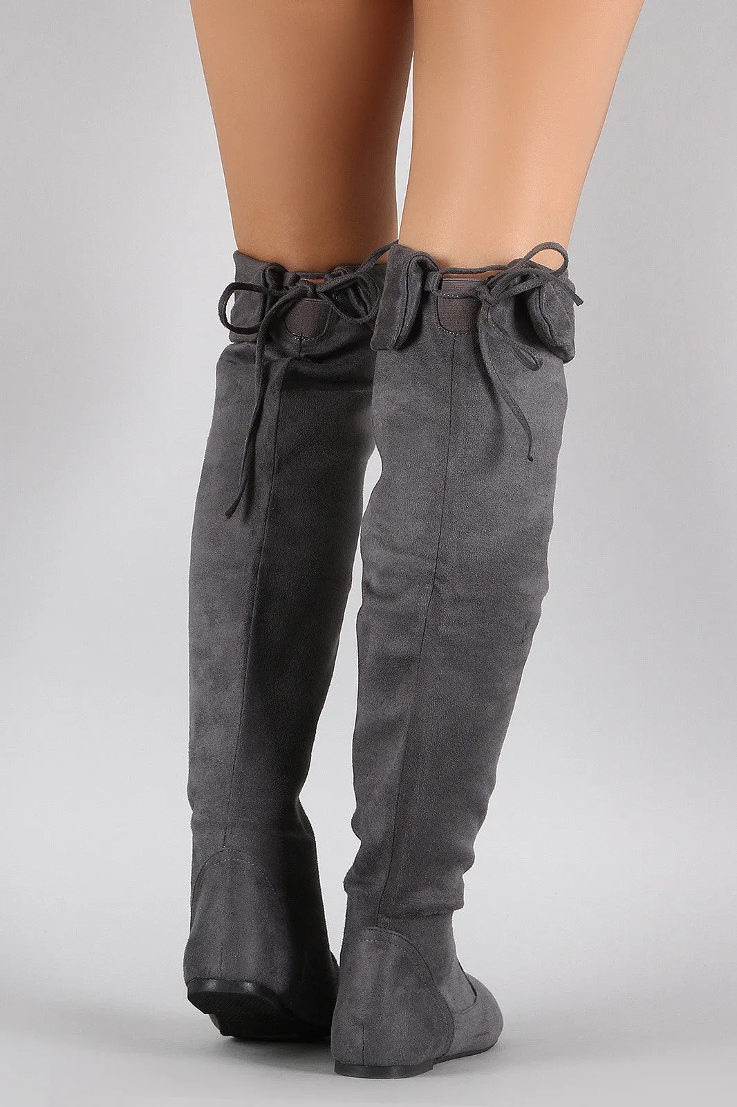 Suede Round Toe Cuff Bow Tie Over-The-Knee Flat Boots