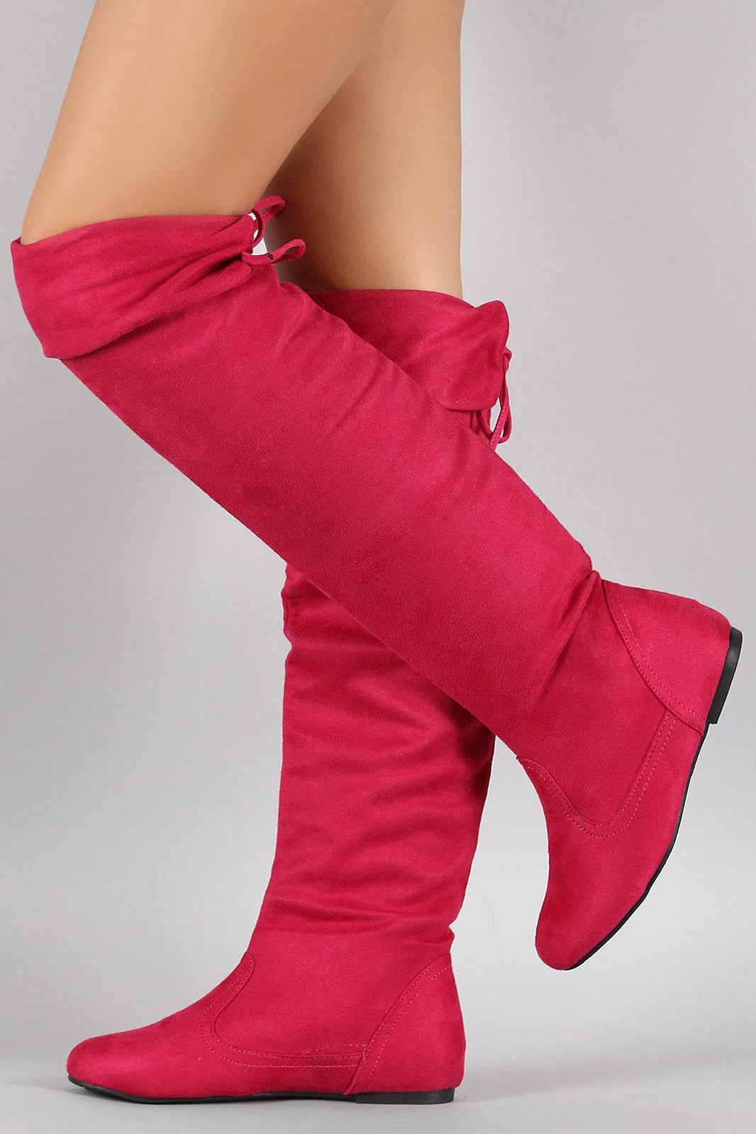 Suede Round Toe Cuff Bow Tie Over-The-Knee Flat Boots