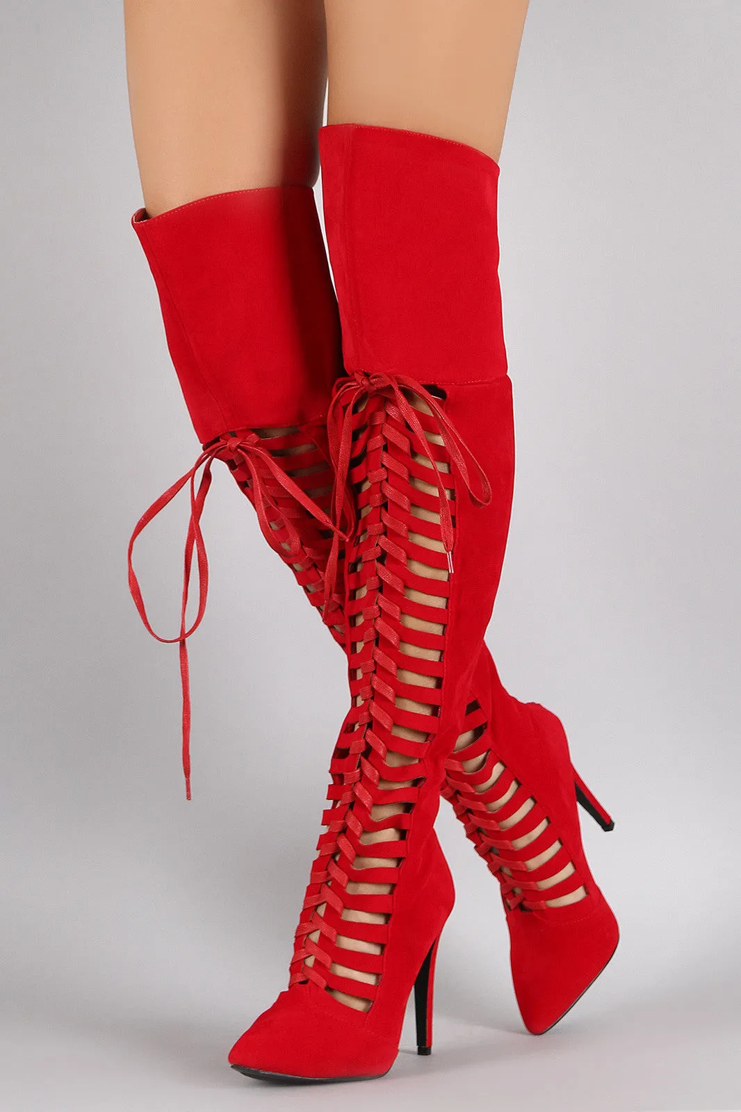 Suede Strappy Lace Up Pointy Toe Stiletto Over-The-Knee Boots