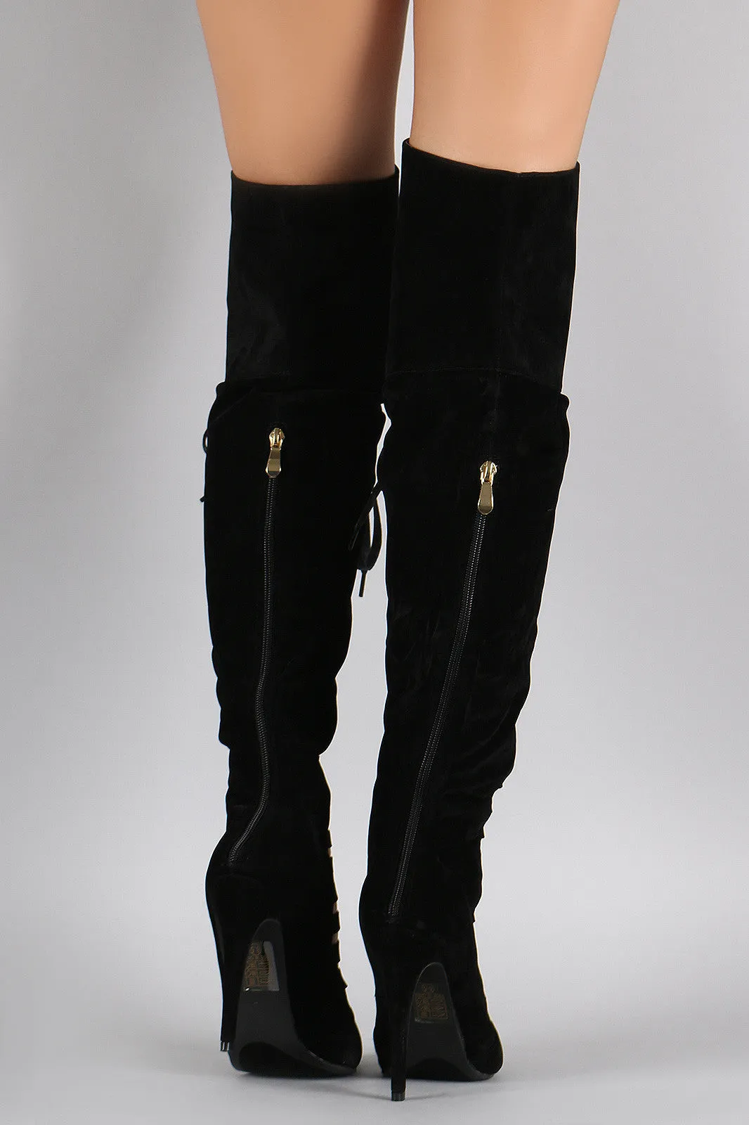 Suede Strappy Lace Up Pointy Toe Stiletto Over-The-Knee Boots