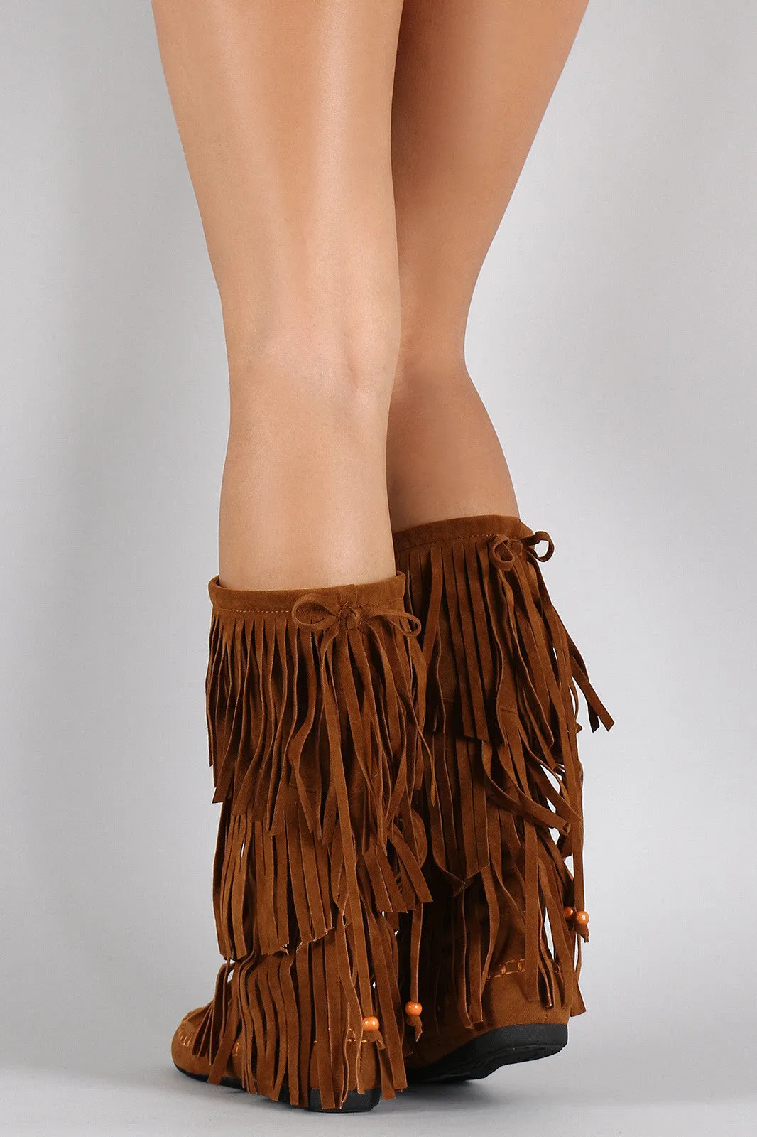 Suede Triple Layered Fringe Round Toe Mid Calf Boot