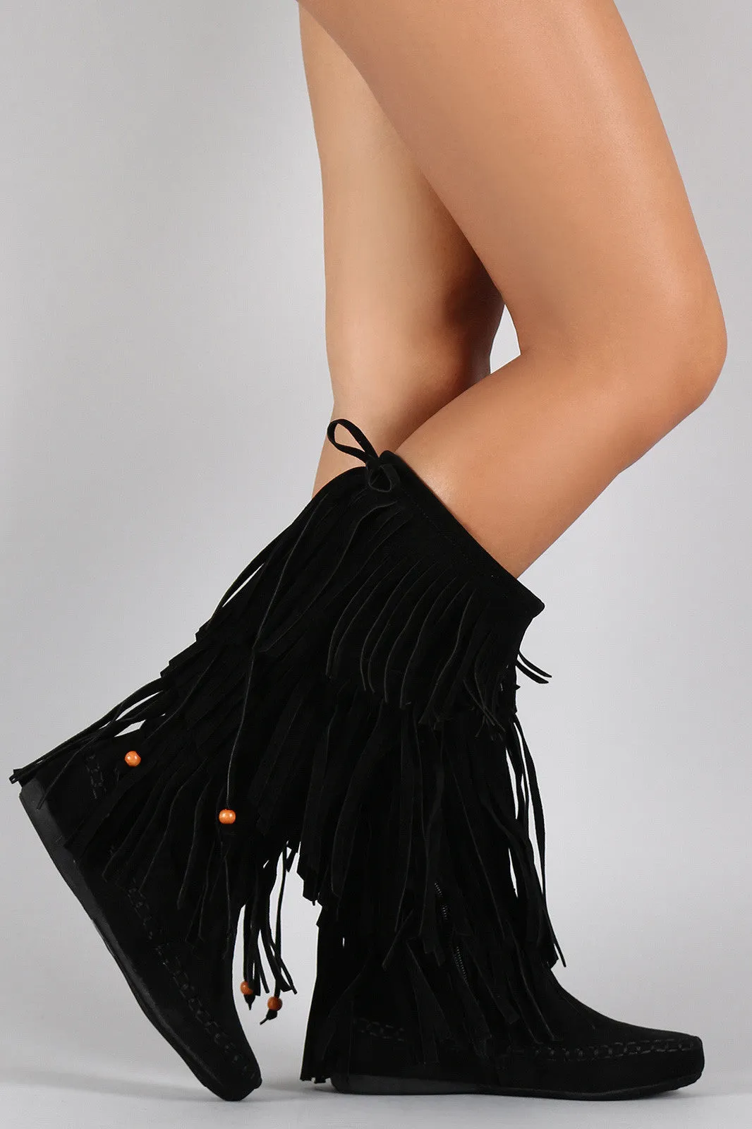 Suede Triple Layered Fringe Round Toe Mid Calf Boot