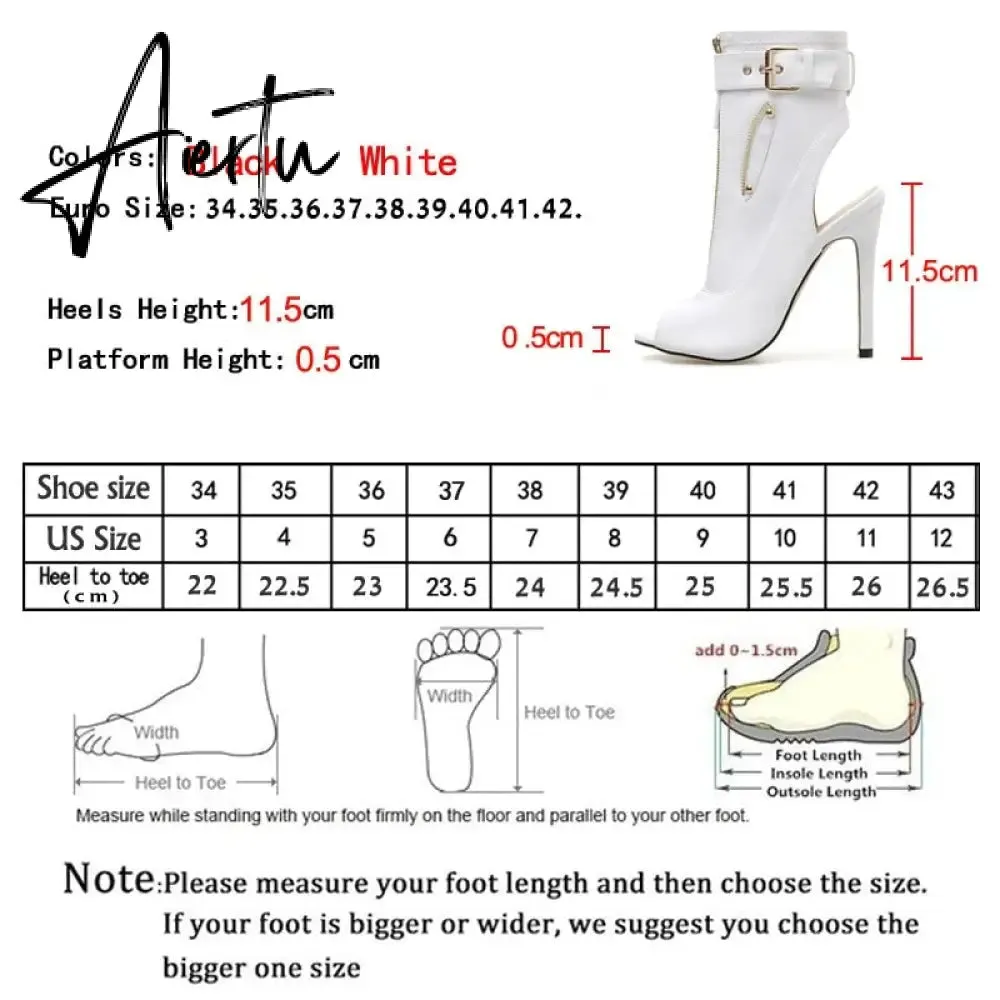 Summer New Womens Ankle Boots Sandals High Quality PU Leather Buckle Strap Zip Stiletto Heels Plus Size 35-40 Shoes