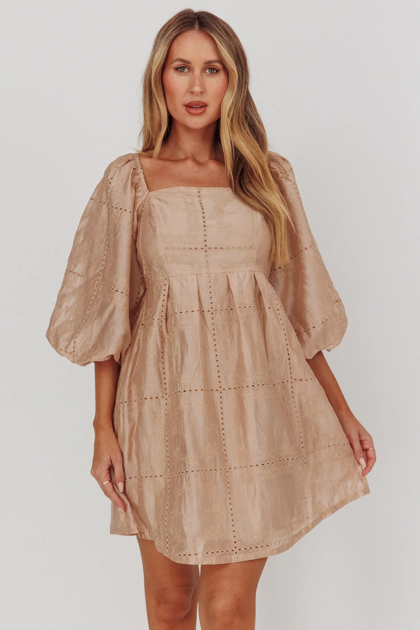 Summerlin Puff Sleeve Eyelet Mini Dress Beige