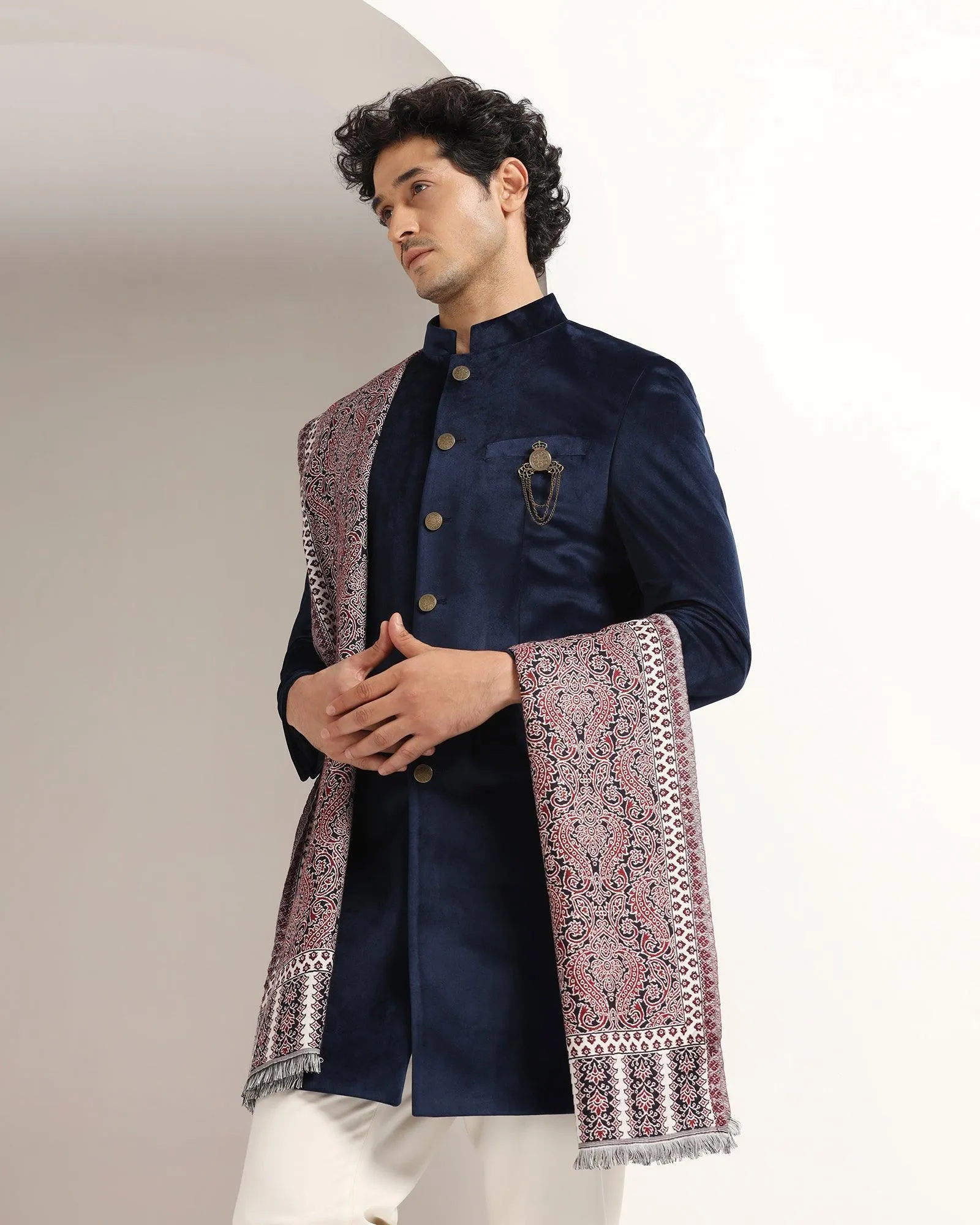 Swarn Two Piece Navy Solid Achkan Set - Veltos