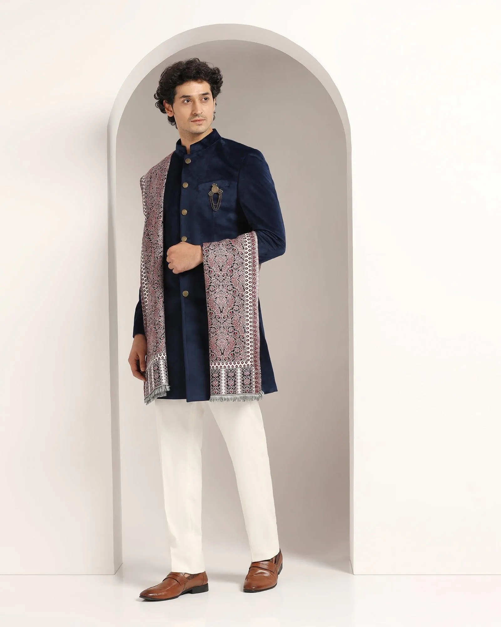 Swarn Two Piece Navy Solid Achkan Set - Veltos