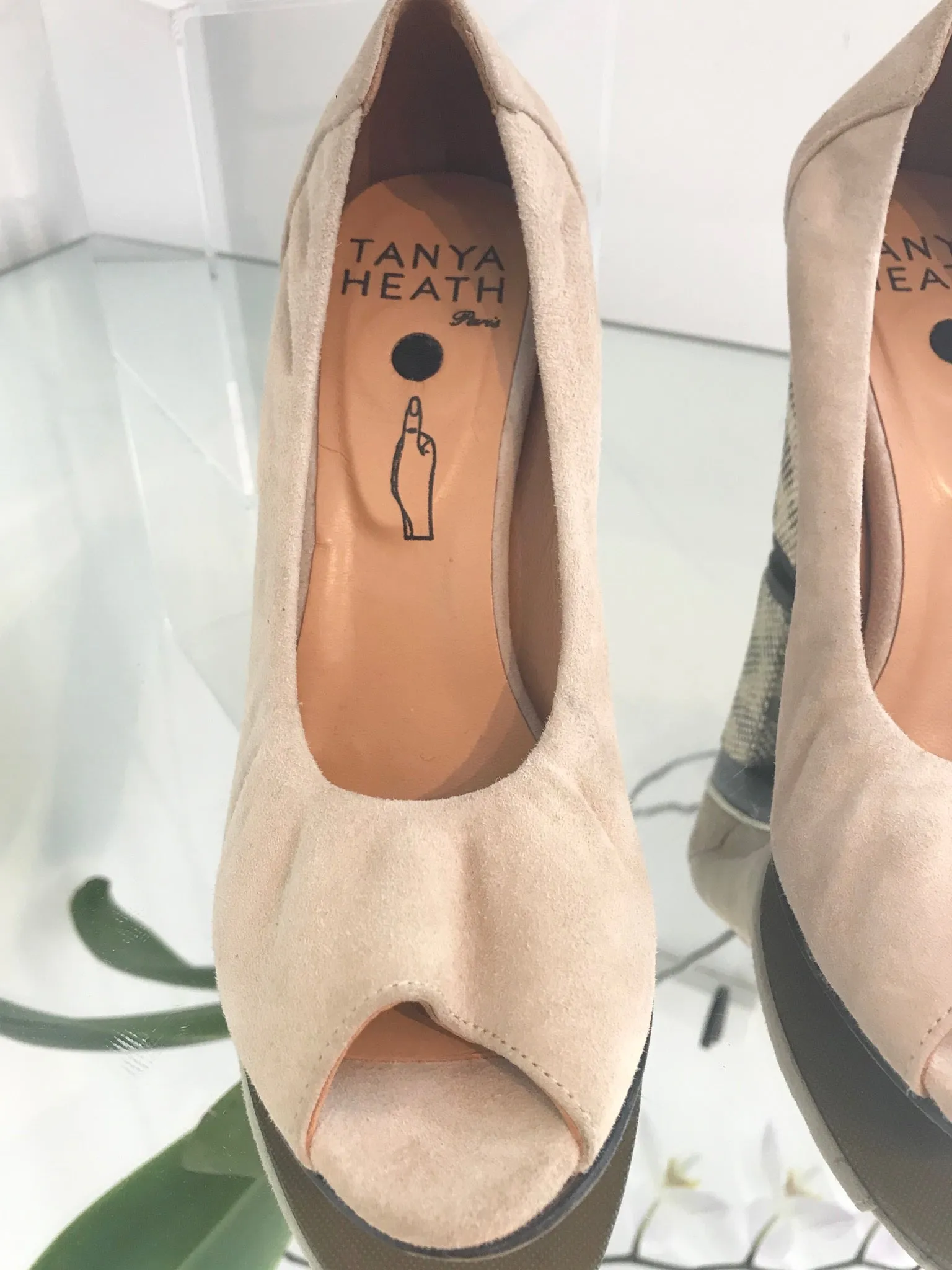 TANYA HEATH Suede Peep Toe Heels