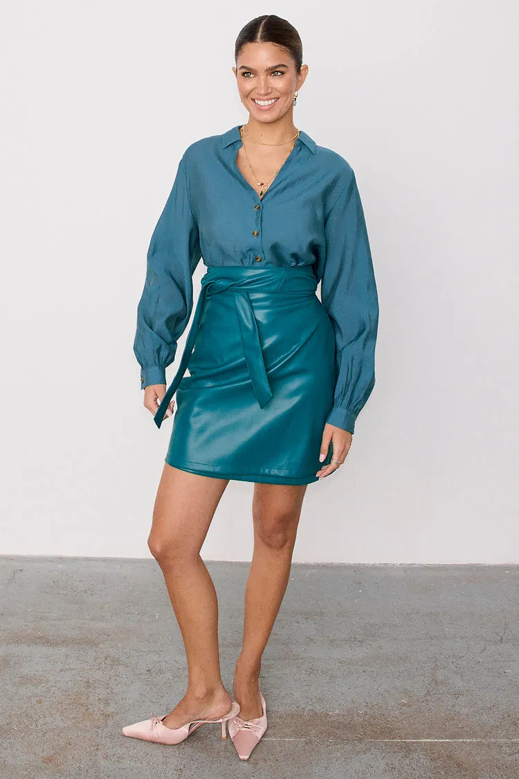 Teal Vegan Leather Mini Jaspre Skirt Petite