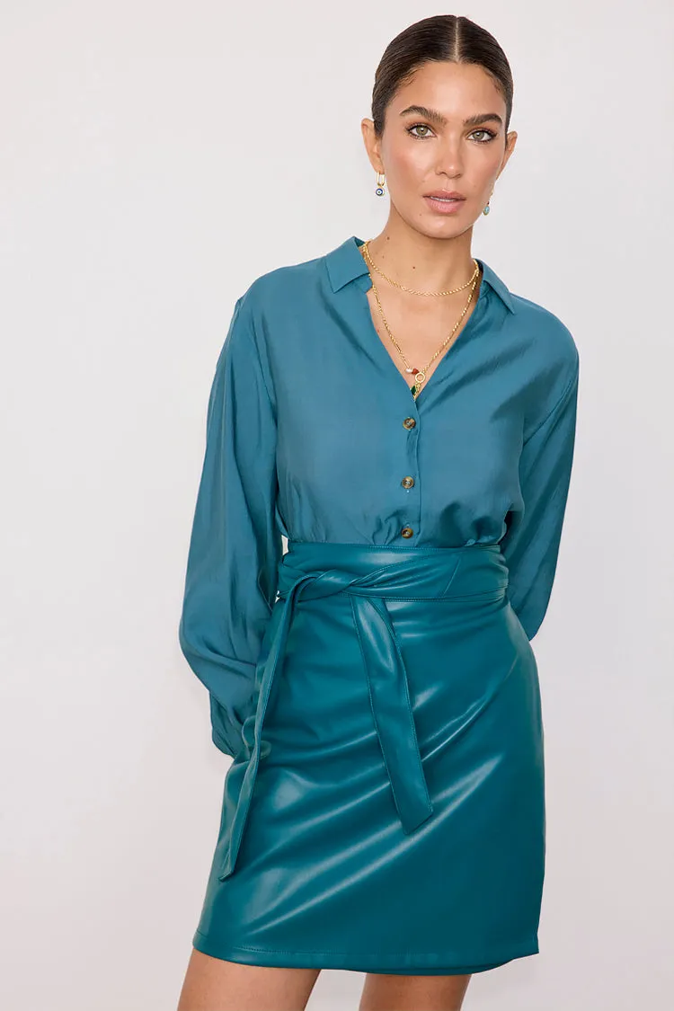 Teal Vegan Leather Mini Jaspre Skirt Petite