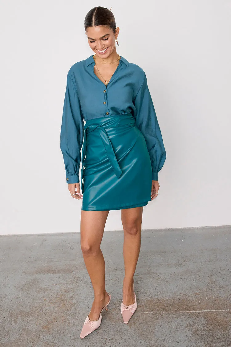 Teal Vegan Leather Mini Jaspre Skirt Petite