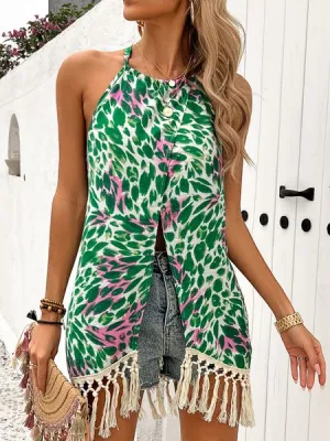 TEEK - Green Floral Halter Front Split Tassel Trim Top