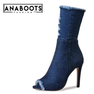 Thin High Heels Peep Toe Denim Upper  Sexy Party Boots