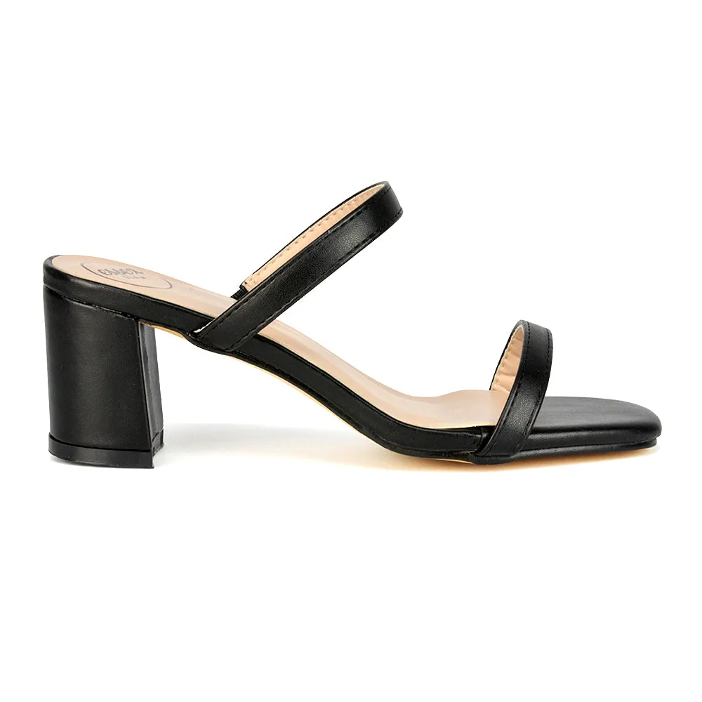 Tiff Double Strap Square Toe Slip On Low Mid Block High Heel Mule Sandals in Black Synthetic Leather