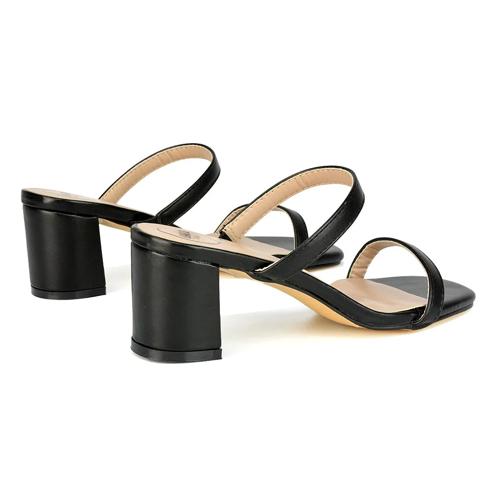 Tiff Double Strap Square Toe Slip On Low Mid Block High Heel Mule Sandals in Black Synthetic Leather