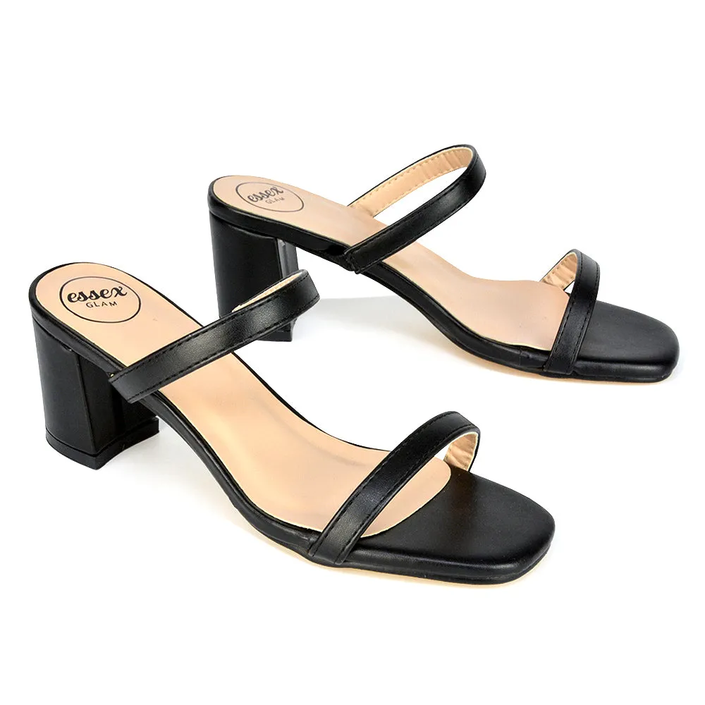 Tiff Double Strap Square Toe Slip On Low Mid Block High Heel Mule Sandals in Black