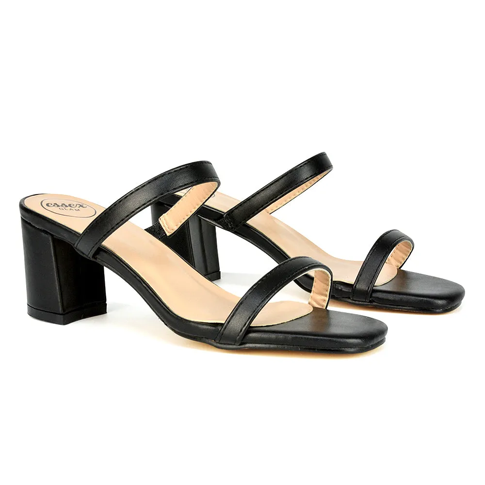 Tiff Double Strap Square Toe Slip On Low Mid Block High Heel Mule Sandals in Black