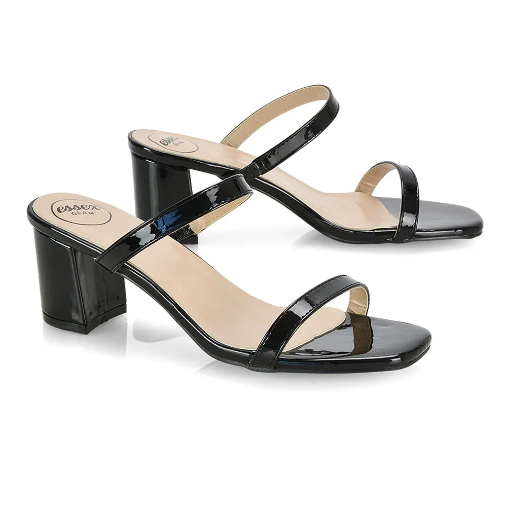 Tiff Double Strap Square Toe Slip On Low Mid Block High Heel Mule Sandals in Black