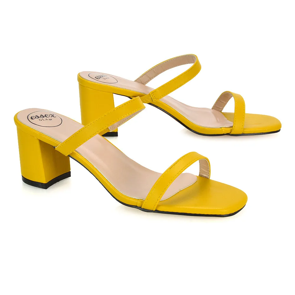 Tiff Double Strap Square Toe Slip On Low Mid Block High Heel Mule Sandals in Mustard