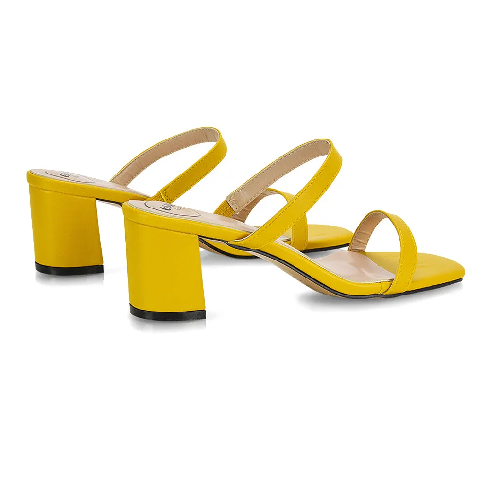 Tiff Double Strap Square Toe Slip On Low Mid Block High Heel Mule Sandals in Mustard