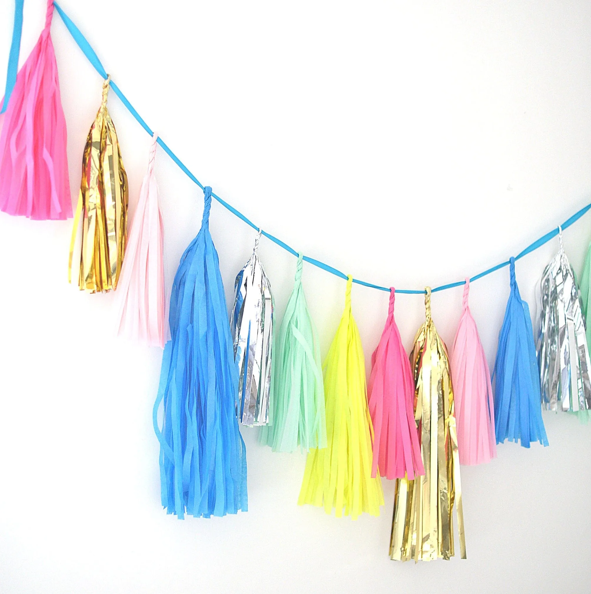 Tissue Paper Tassel Garland - fully assembled bright fiesta, limon, mint, pink silver and gold - various lengths