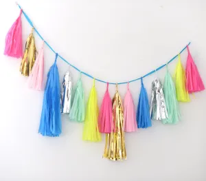 Tissue Paper Tassel Garland - fully assembled bright fiesta, limon, mint, pink silver and gold - various lengths