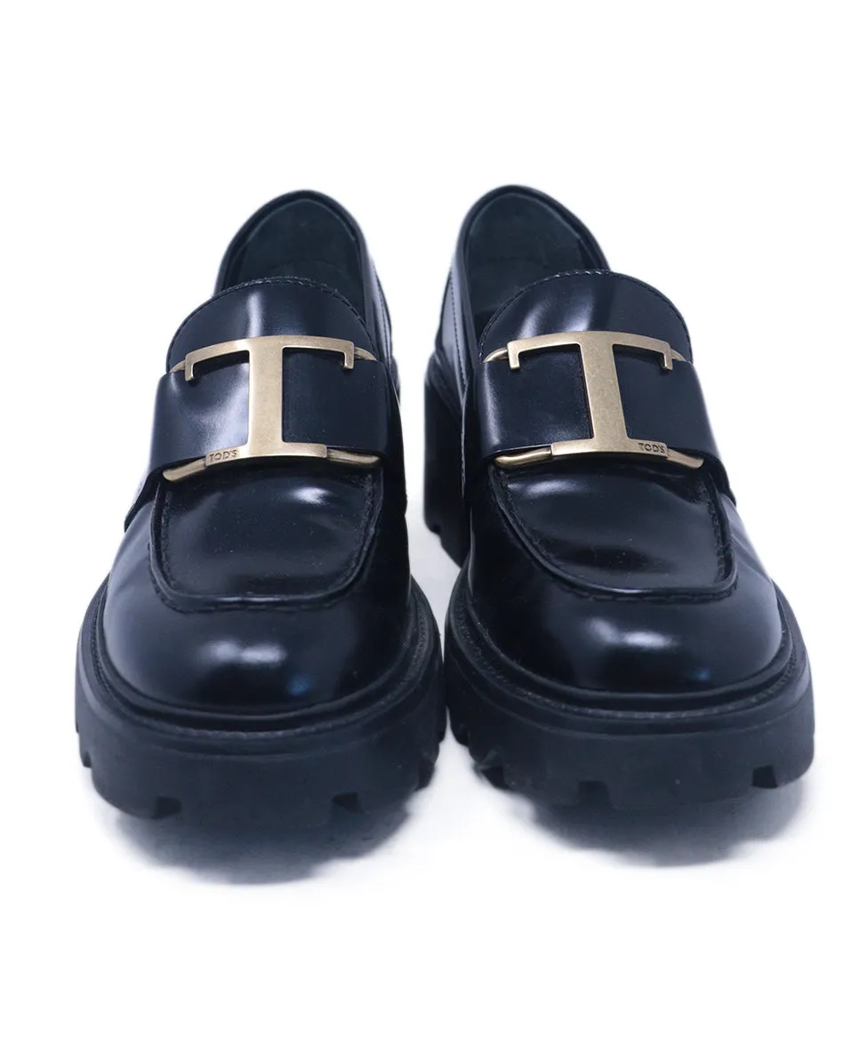 Tod's Black Leather Platform Loafers sz 5