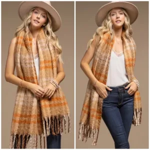 Toffee Plaid Soft Plush Oblong Scarf w/ Tassel Fringe Women's Casual Winter