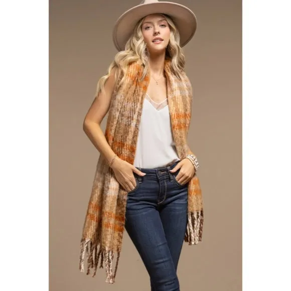 Toffee Plaid Soft Plush Oblong Scarf w/ Tassel Fringe Women's Casual Winter