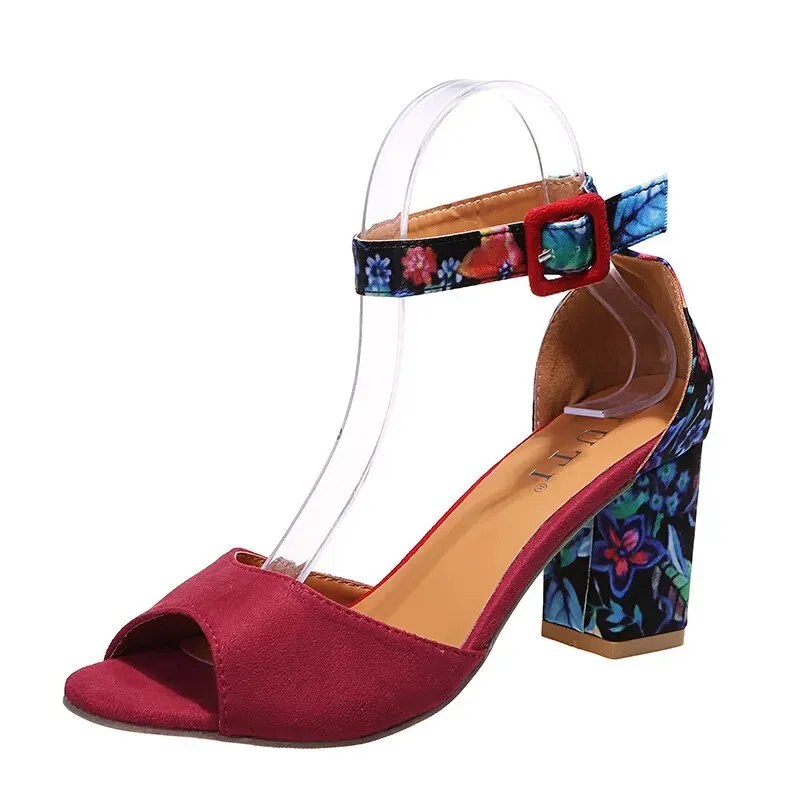 Trendy Flower Print High Peep Toe Ankle Strap Heels