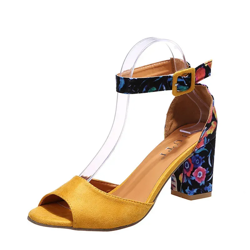 Trendy Flower Print High Peep Toe Ankle Strap Heels