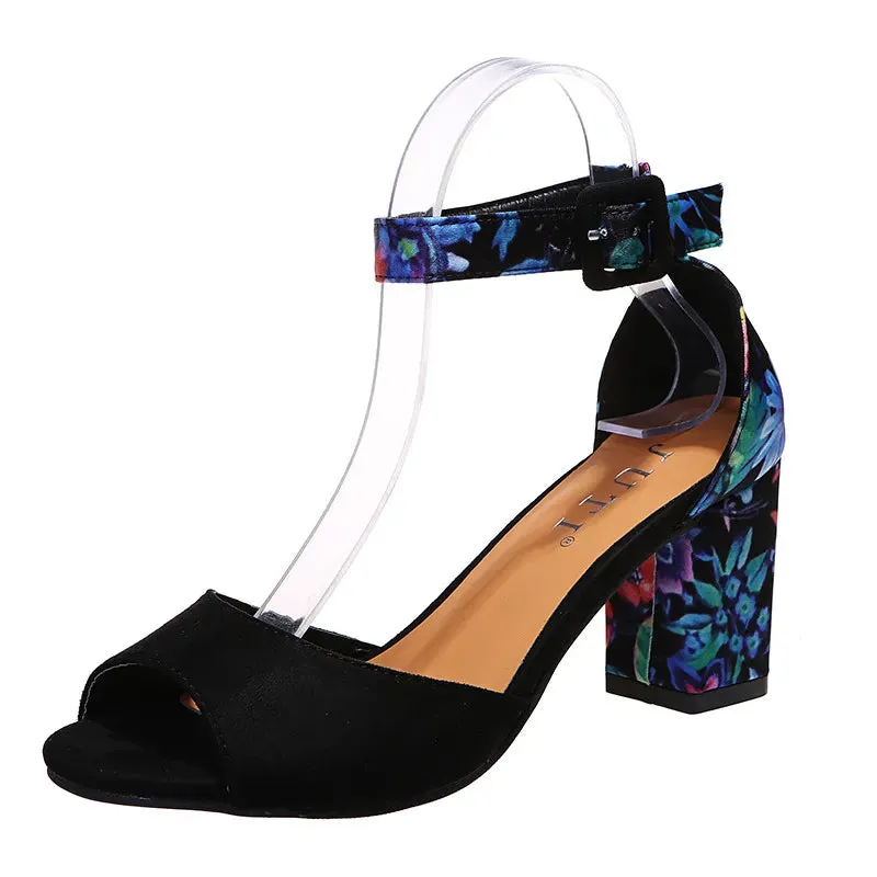 Trendy Flower Print High Peep Toe Ankle Strap Heels