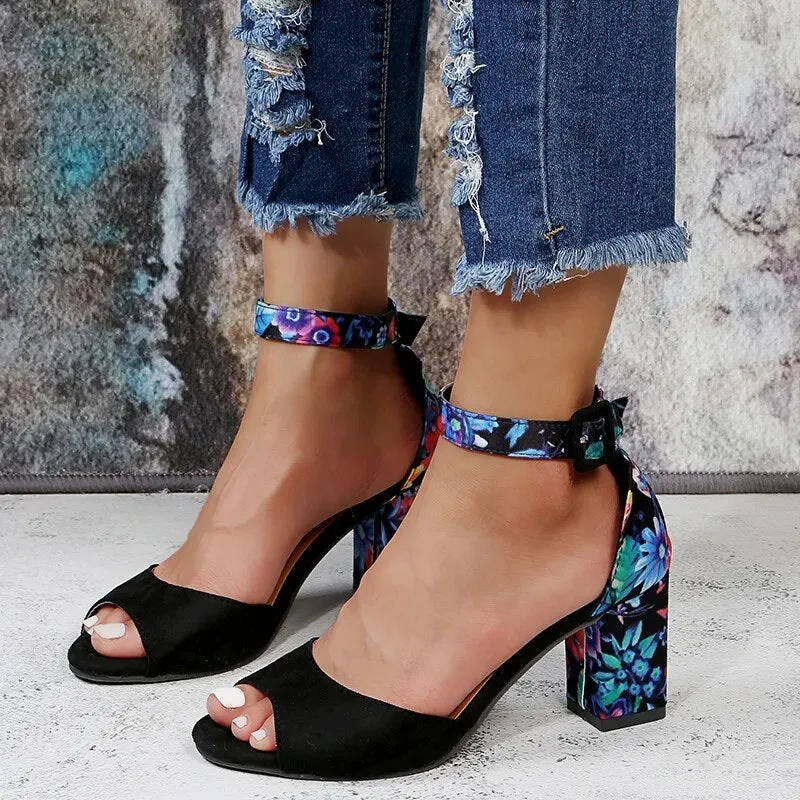 Trendy Flower Print High Peep Toe Ankle Strap Heels