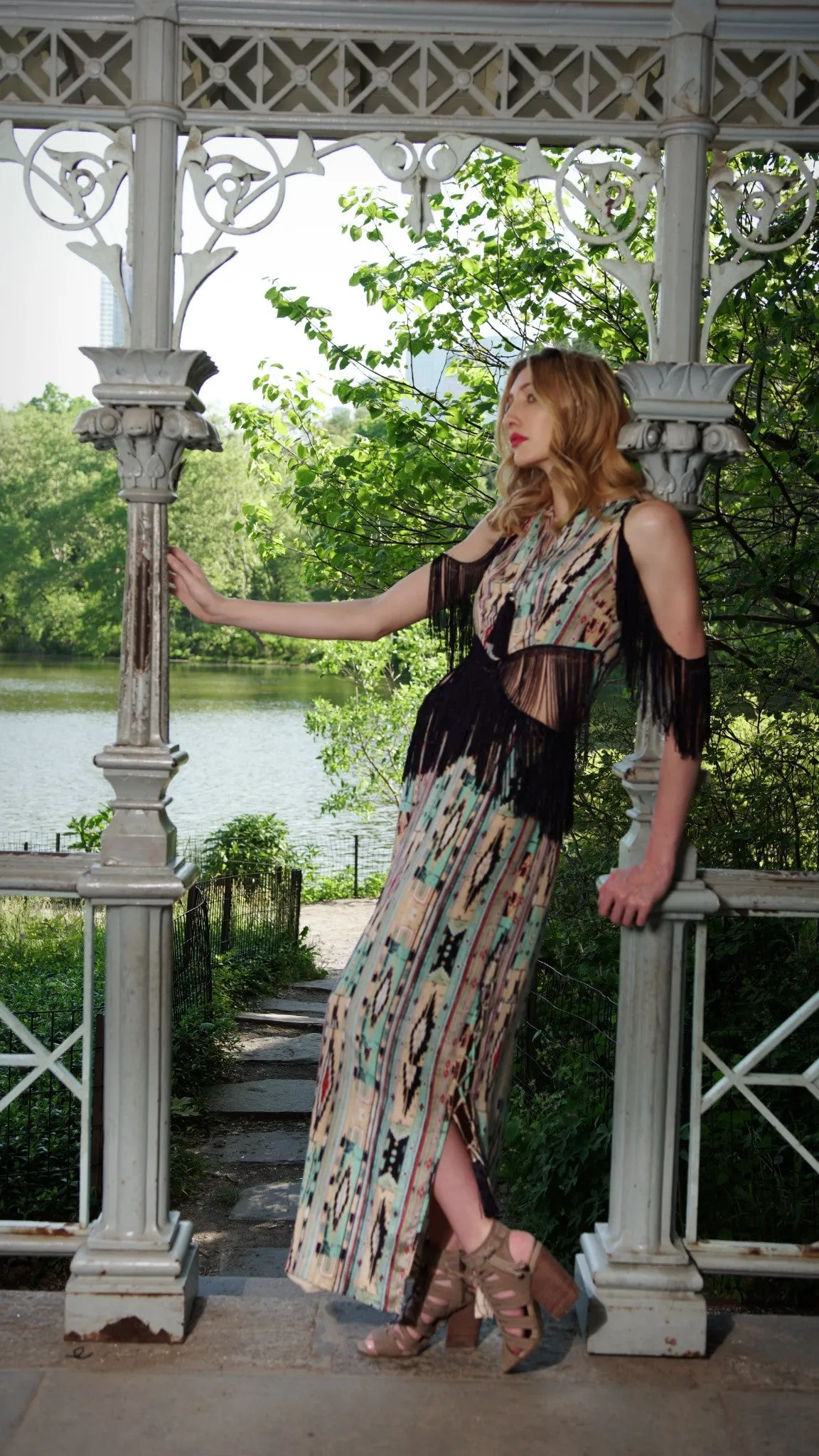 Tribal print silk maxi dress with fringe details- SOLD OUT