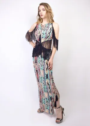 Tribal print silk maxi dress with fringe details- SOLD OUT