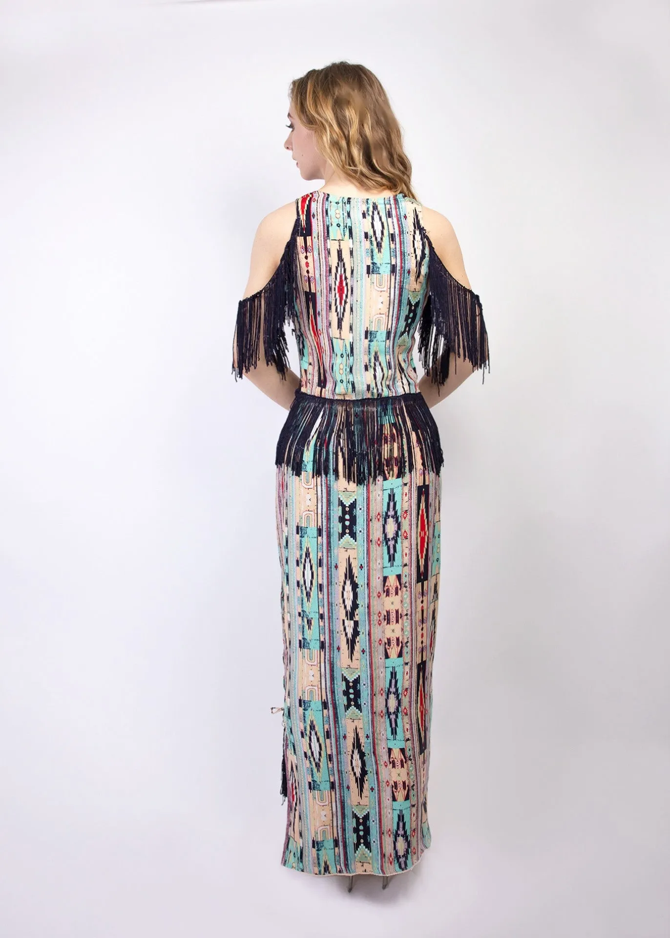 Tribal print silk maxi dress with fringe details- SOLD OUT