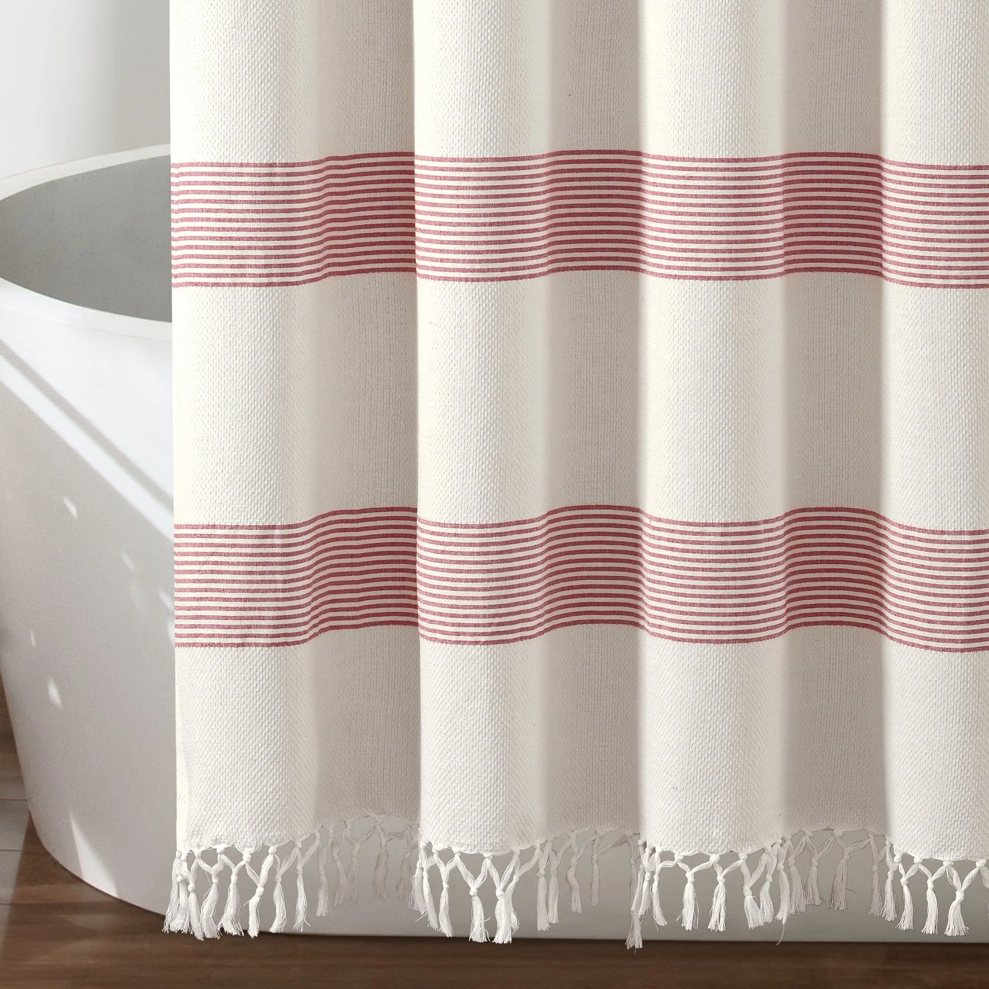 Tucker Stripe Yarn Dyed Knotted Tassel Shower Curtain