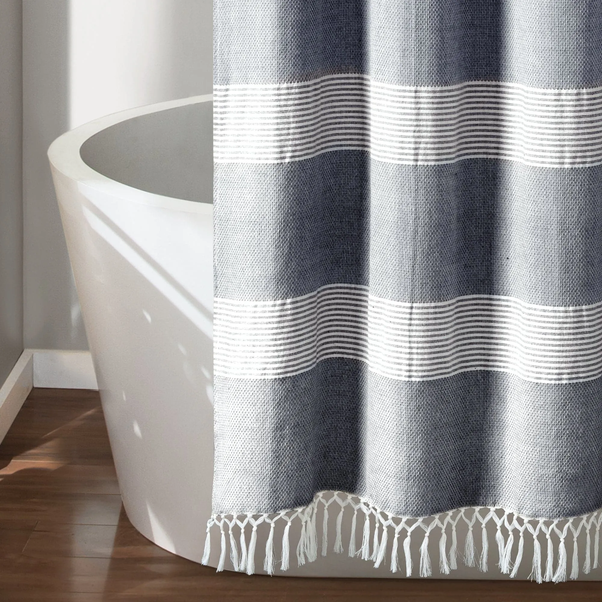 Tucker Stripe Yarn Dyed Knotted Tassel Shower Curtain