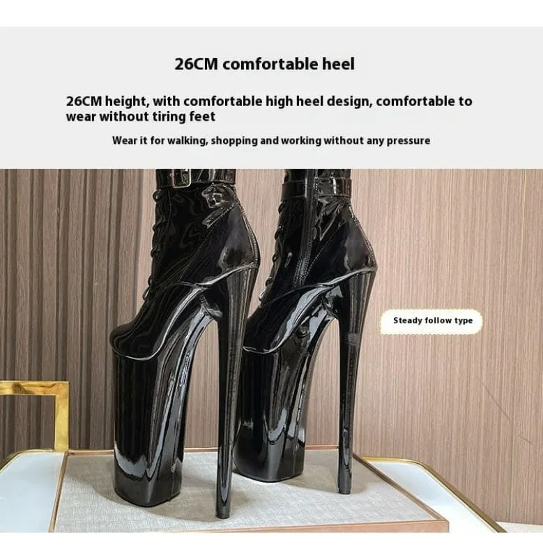 Ultra High Heel Multi Buckle High Platform Patent Boots