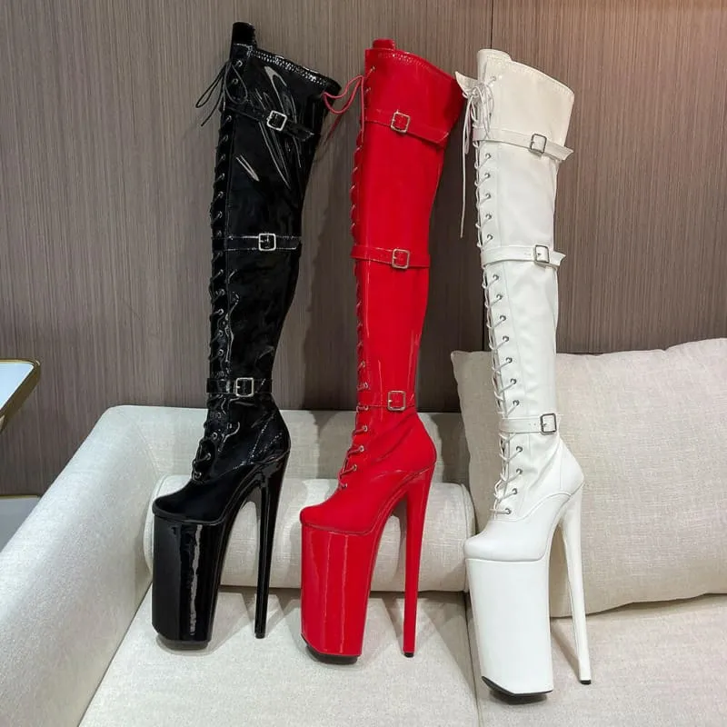 Ultra High Heel Multi Buckle High Platform Patent Boots