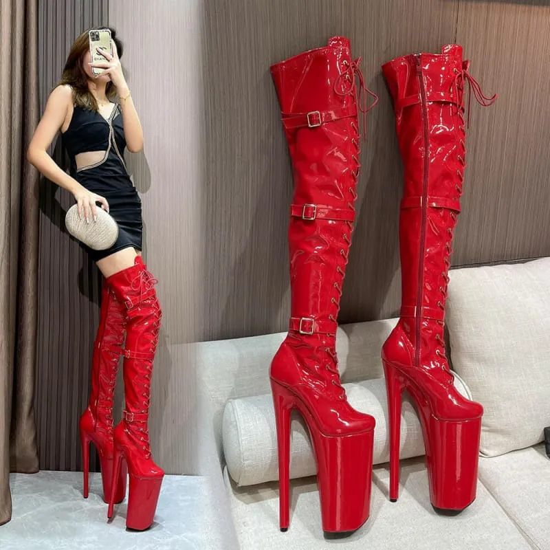 Ultra High Heel Multi Buckle High Platform Patent Boots