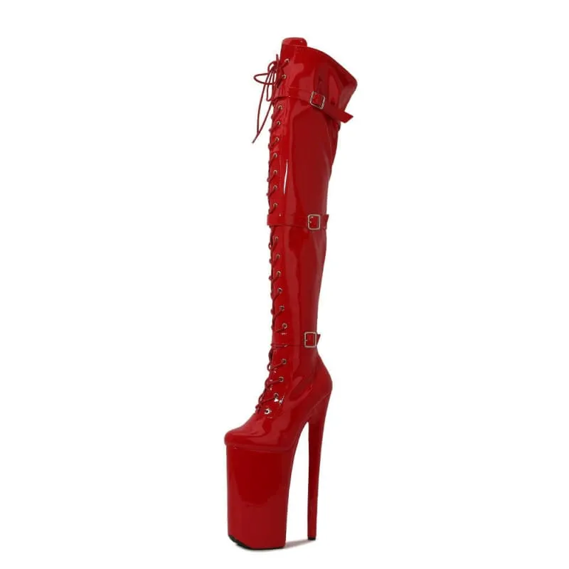 Ultra High Heel Multi Buckle High Platform Patent Boots