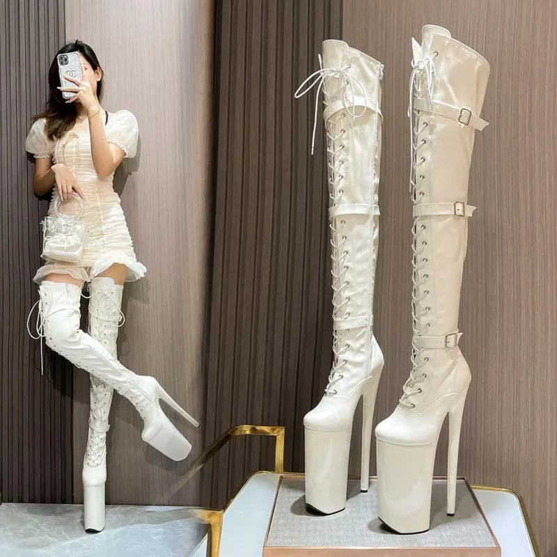 Ultra High Heel Multi Buckle High Platform Patent Boots