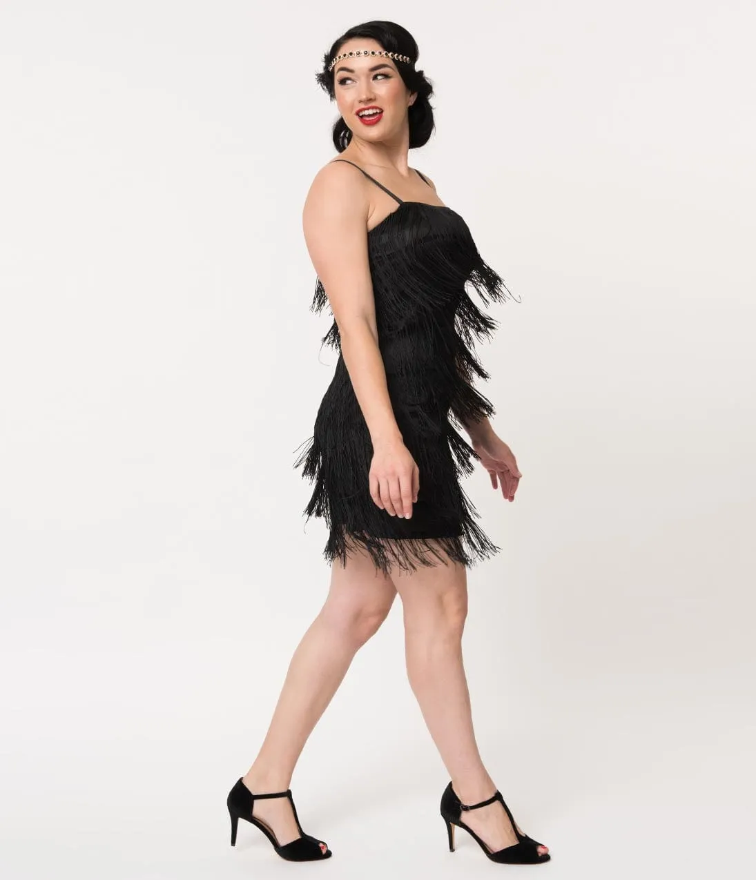 Unique Vintage 1920s Style Black Speakeasy Tiered Fringe Flapper Dress