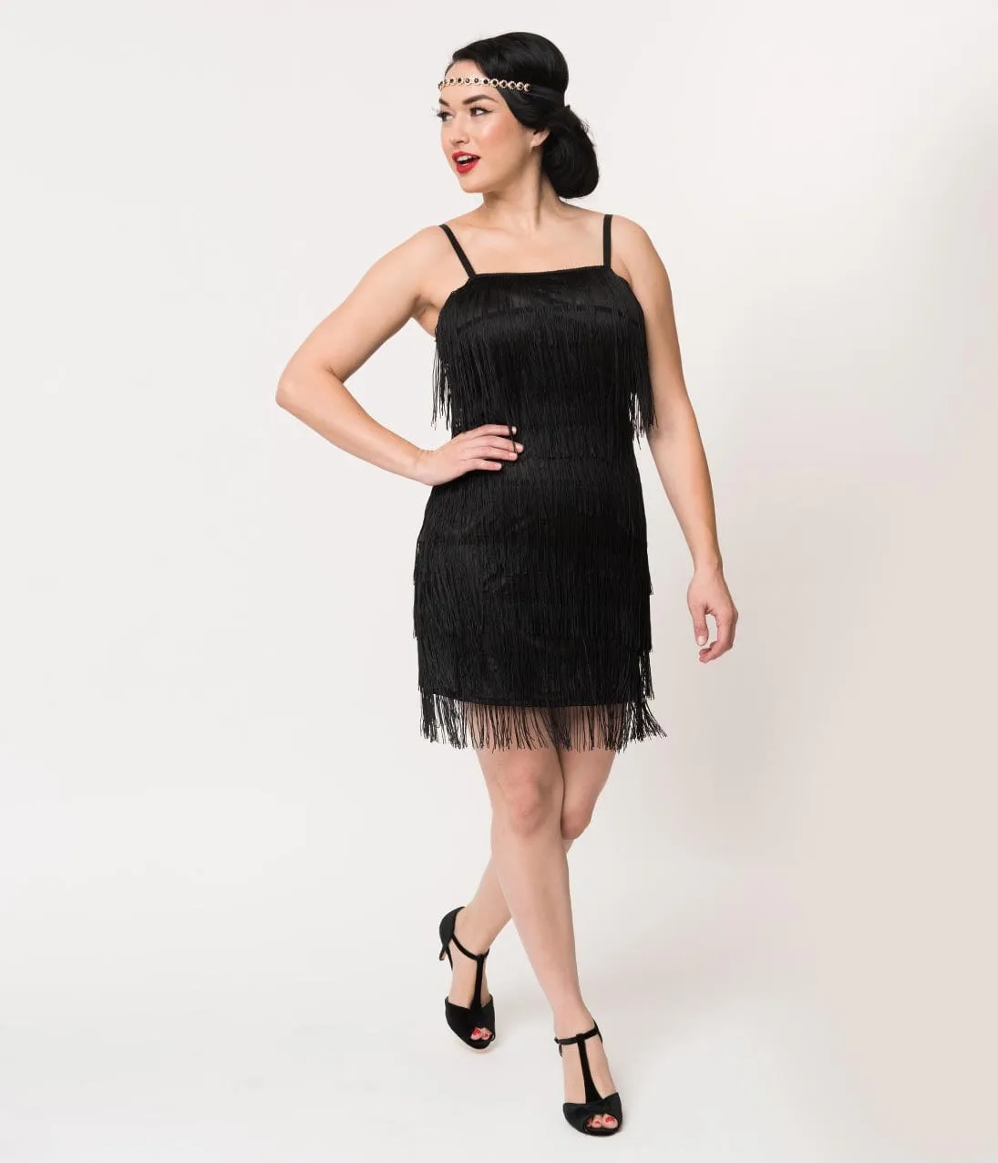 Unique Vintage 1920s Style Black Speakeasy Tiered Fringe Flapper Dress